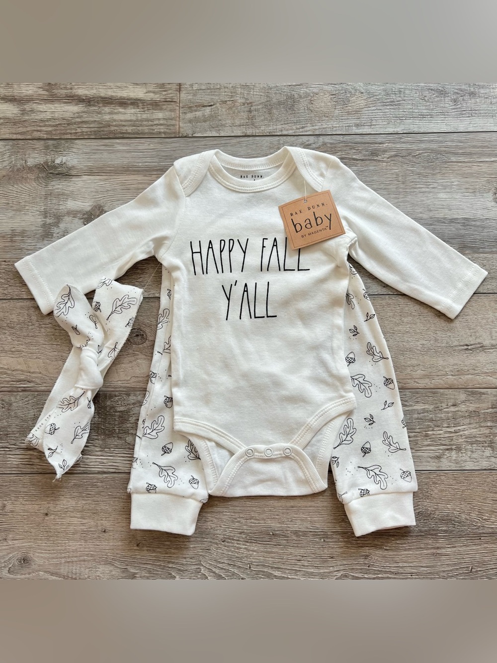 NWT Rae Dunn "Happy Fall Y'all" Onesie, Leggings & Headband Set 3/6 Months